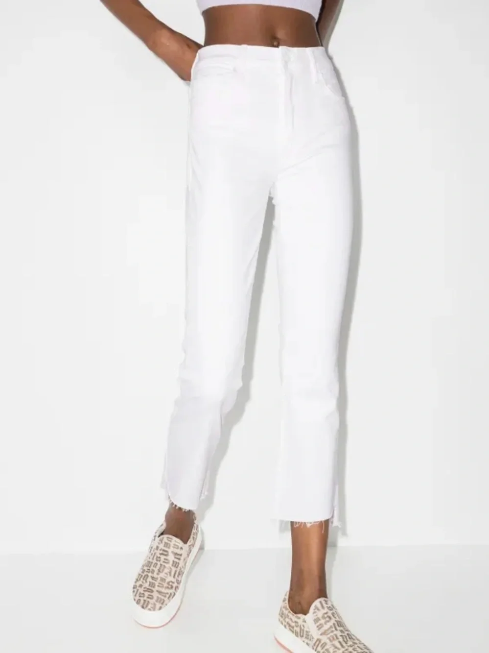 MOTHER Insider Crop Step Fray White Jeans 29 High Rise Kick Flare Raw Hem Coasta